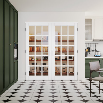 15-Lite Clear Glass French Doors Interior White Primed Solid Core Pantry Door With Ball Catch / Handles