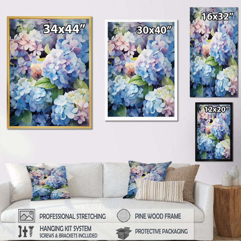 Impression sur toile encadrée «Campilis Blue Hydrangea Dreamy Garden - Hydrangea», Cadre flottant noir