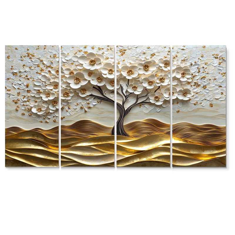 Ensemble de salon art mural blanc Folk Art Basswood Gold Tree, H 32 po x l 64 po