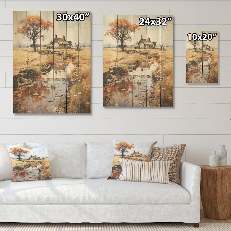 Neo impressionniste, campagne nostalgique I - campagne, art mural sur bois de pin naturel, H 40 po x l 30 po