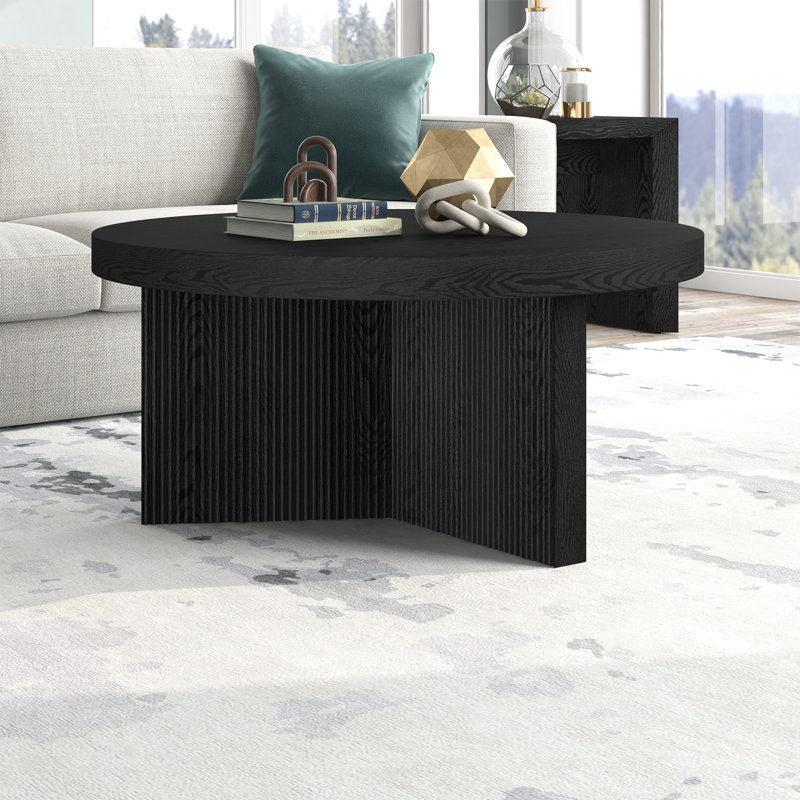 32" Wide Round Coffee Table with Fluted Base — Black Grain Scandinavian MDF Center Table for Living Room | Holm, Black Grain