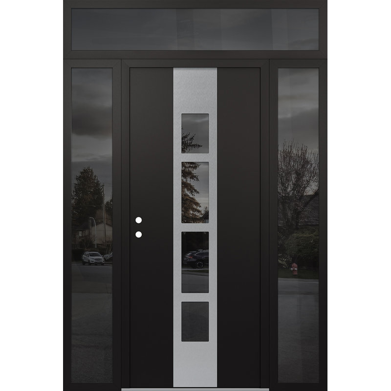 Porte d'entrée pré-suspendue en acier argenté Diamond A10 avec deux panneaux latéraux et une traverse, Noir / noir / miroir