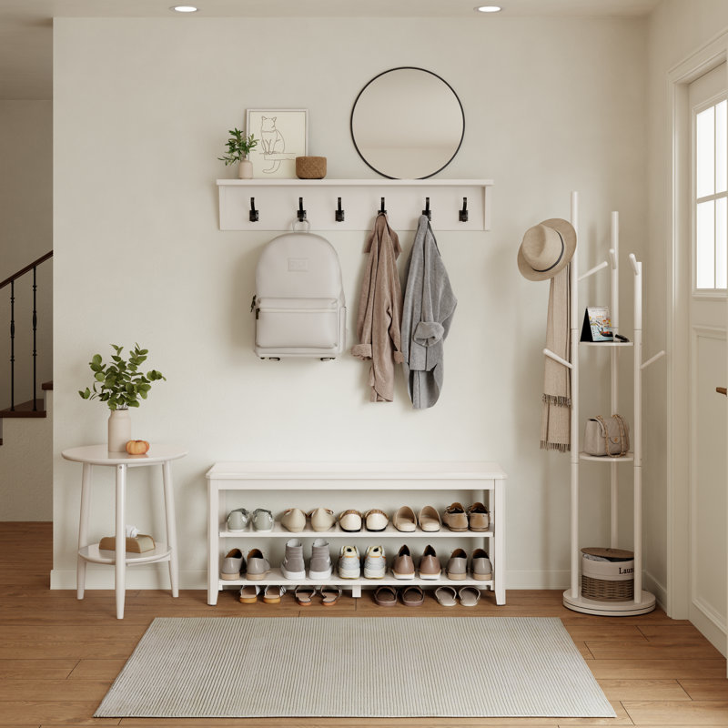 Aevah Sleek 2-Tier Solid Wooden Storage Shoe Benches, 47.24″ W, White