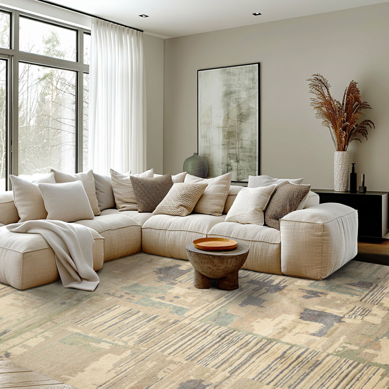 Tapis tibétain moderne en laine beige sauge, 246 x 300 cm, noué à la main