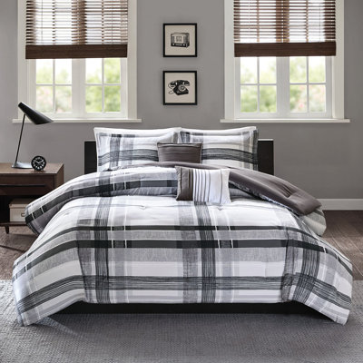 Édredon double / grand écossais - Literie moderne en édredon noir et gris foncé, taies décoratives, ensemble 2 coussins avec collection