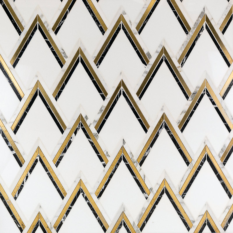 Carreau de mosaïque murale à chevrons en marbre 4,23 "x 5,28" Ogee, Noir/laiton