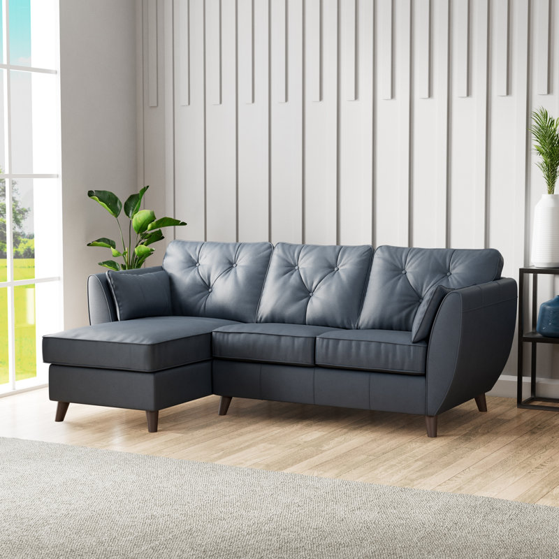 Hoxton 3 Seater Leather Maxi Sofa Chaise, Left Hand Facing, Navy, Dark Wood