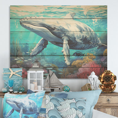 «Wale Tranquility Oasis - Coastal Coral Under Water Wood», art mural sur bois de pin naturel