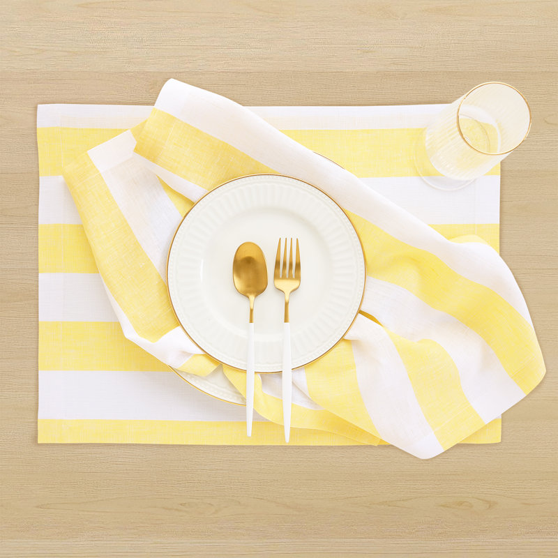Cabana Stripe - 100% Pure Linen Dinner Napkins, Primrose Yellow/White