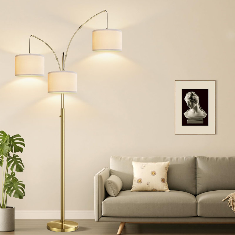Dimmable 3-Light Floor Lamp With Adjustable Arms, Linen Shades, And Heavy Base For Living Room, Bedroom, Or Office, Includes LED Bulbs
