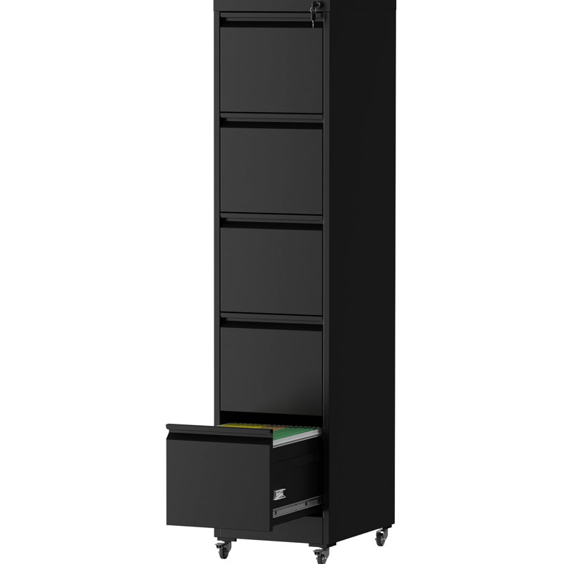 5 Drawer Vertical File Cabinet With Wheels And Lock For Office Home, Spacious Drawers, Full - Extension Bearing Slides, Comfortable Grip Handles, Tipping Design Black On Wheels, Secure Locking,