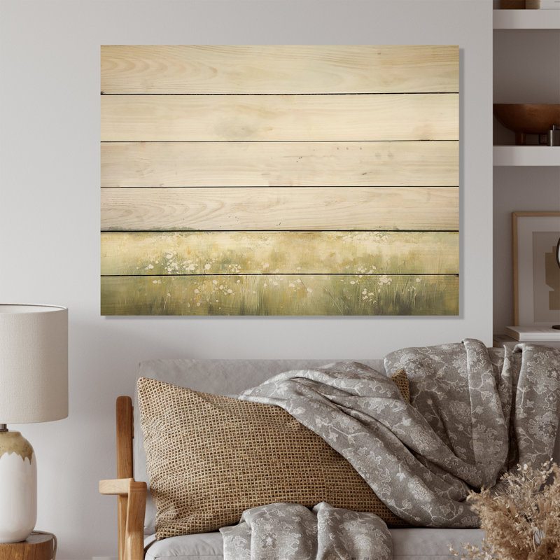 Meadow Scenery Minimalism I - Meadow Wood Wall Art On Natural Pine Wood, 30" H x 40" W