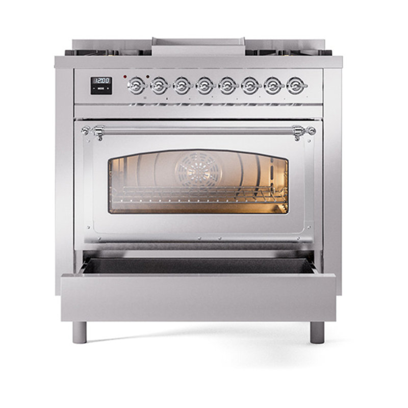 ILVE Nostalgie II Noblesse 36 in Dual Fuel Range, Stainless Steel/Chrome, Liquid Propane