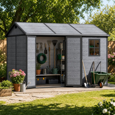 Remise de rangement extérieure en résine avec plancher, porte verrouillable et fenêtres, remise à outils imperméable en plastique toutes saisons pour pelouse de jardin