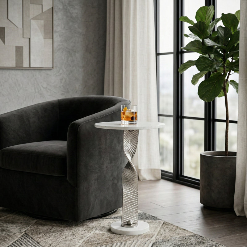 Chic Round Marble Accent Table with Twisted Metal Base for Living Rooom Decor - Elegant Narrow Side End Table for Home Decor Styling - 25"