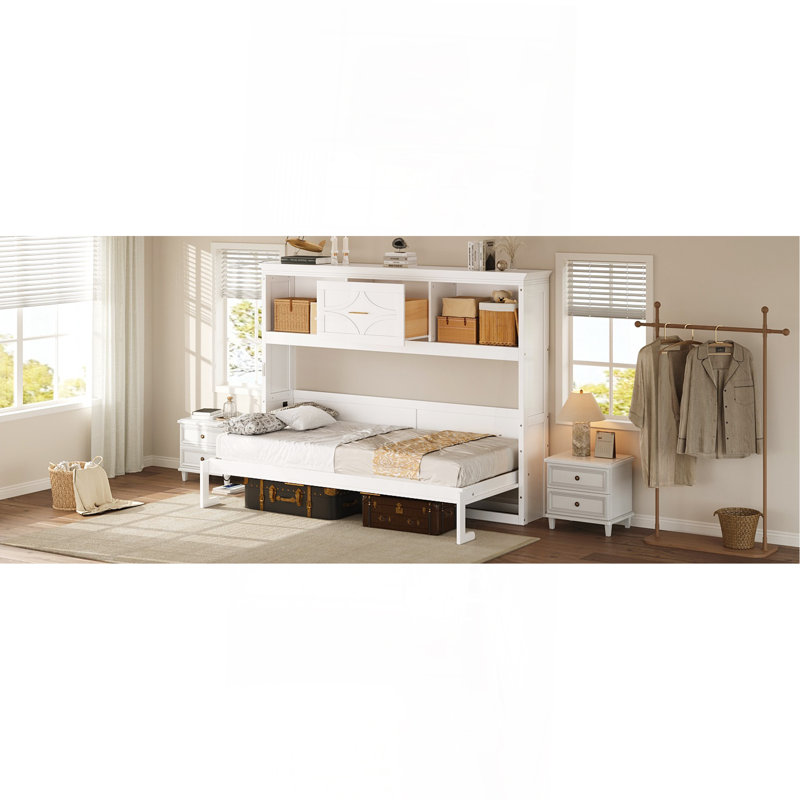 Lit escamotable simple avec station de charge et tiroir, blanc, Blanc