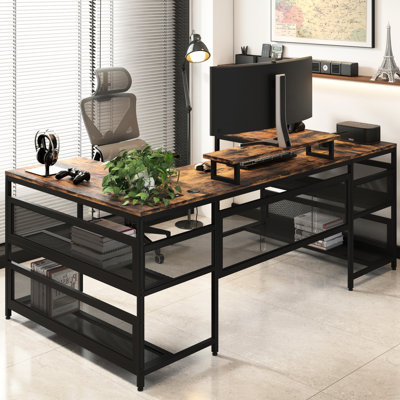 Bureau en forme de U avec éclairage DEL et support pour écran, mobilier de bureau à domicile, grand espace de travail, structure métallique, prises électriques vintage, éclairage, décoration, espace de travail spacieux, matériaux