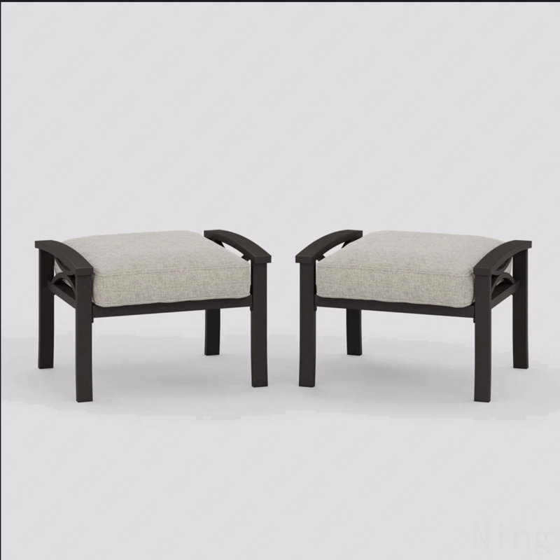 Set Of 2 All-Weather 26” Width Metal Ottomans, Black Frame With Gray Cushions, Black