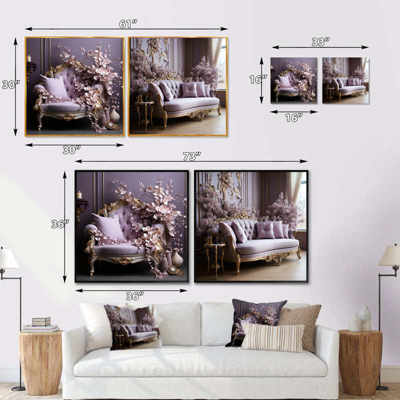 Canapé lilas orné d'accents dorés - ensemble de 2 collages carrés lilas, Cadre flottant noir, H 16 po x l 33 po
