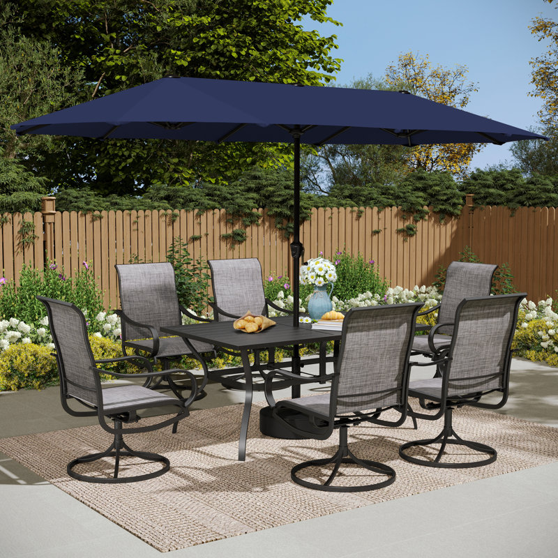 Rectangular Metal 6-People Patio Dining Set With Umbrella