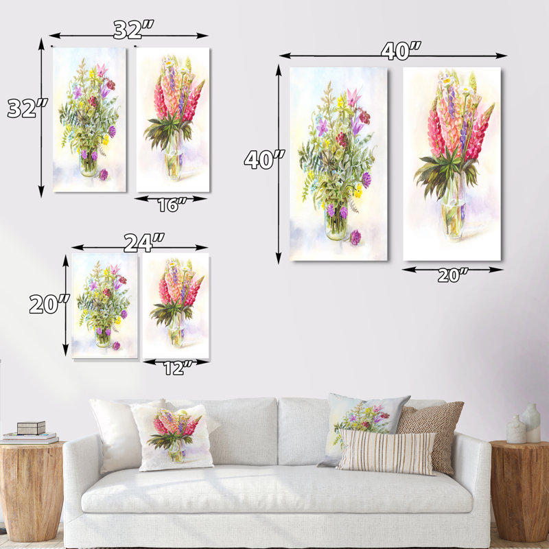 Bouquet de lupins roses en fleurs - Ensemble de 2 peintures sur toiles, Toile tendue, H 20 po x l 24 po x P 1 po