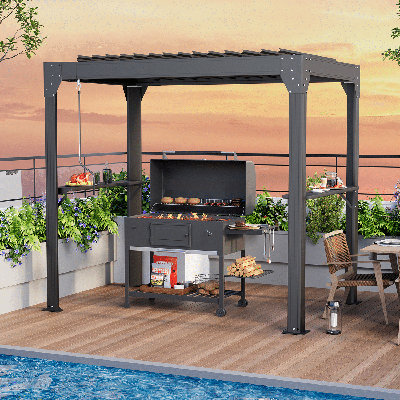 8 X 5ft Louvered Pergola, Aluminum Bbq Pergola, Adjustable Rainproof Roof, Hardtop Gazebo For Outdoor Grill & Patio, Black