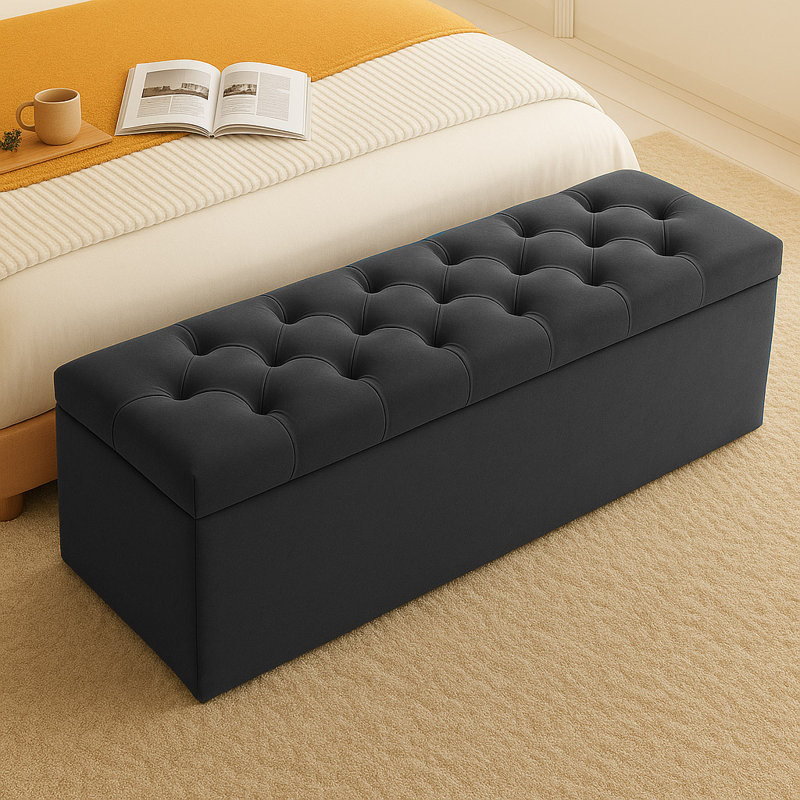 Chesterfield Ottoman Storage Box - Plush Velvet Blanket box - Shoe Bench - End of Bed Bench, 40cm H x 137cm W x 40cm D, Black