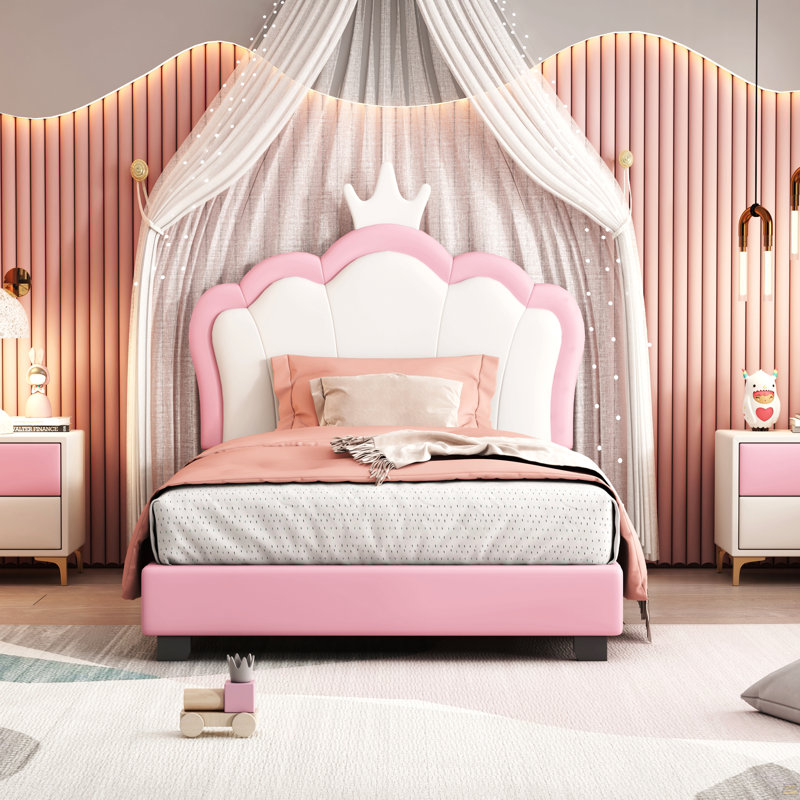 Lit simple tapissier princesse avec tête de lit couronne, lit plateforme simple, Rose