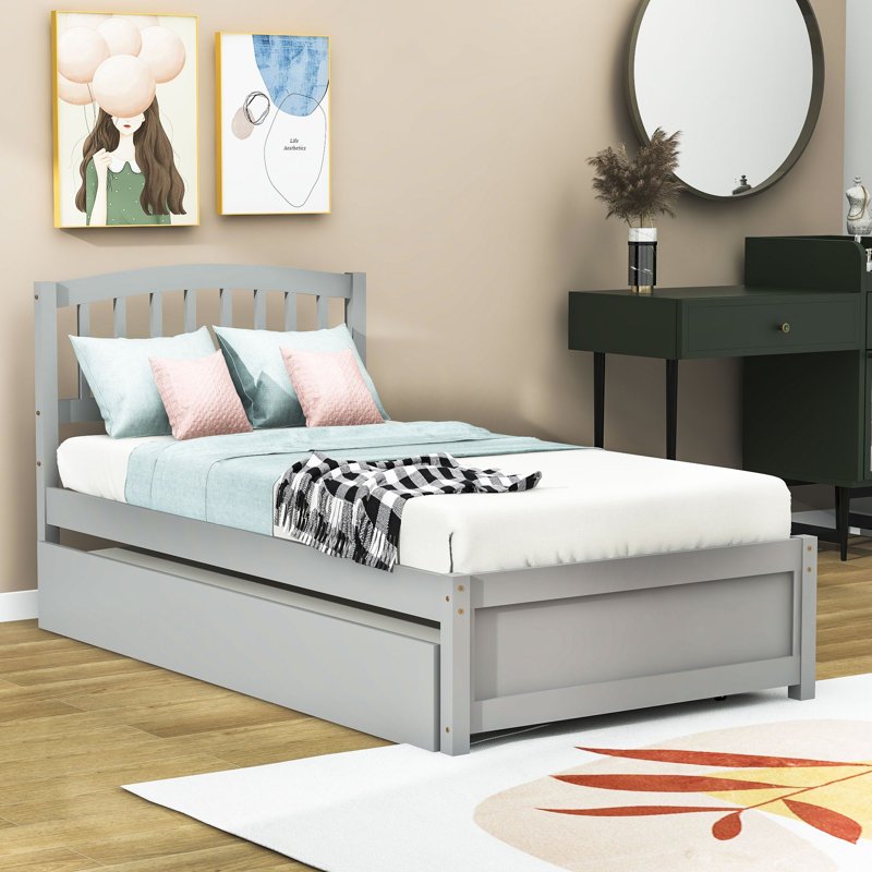 Twin Size Wooden Platform Bed with Trundle, Gray