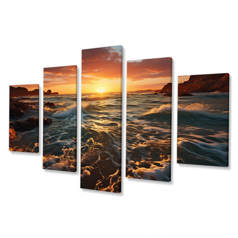 «Ocean Sunset Golden Horizon», reproduction d'art sur toile nautique et plage - 5 panneaux