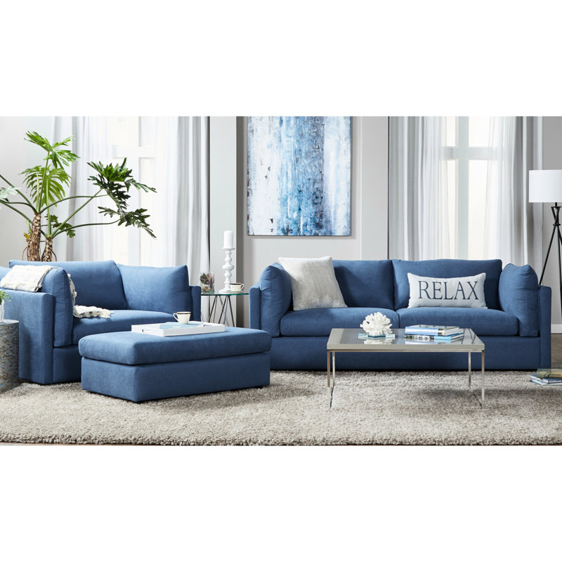 Contemporain avec revêtement somptueux, bleu marine, tissu bleu marine à dossier coussiné, rembourrage en mousse haute, 3 pièces
