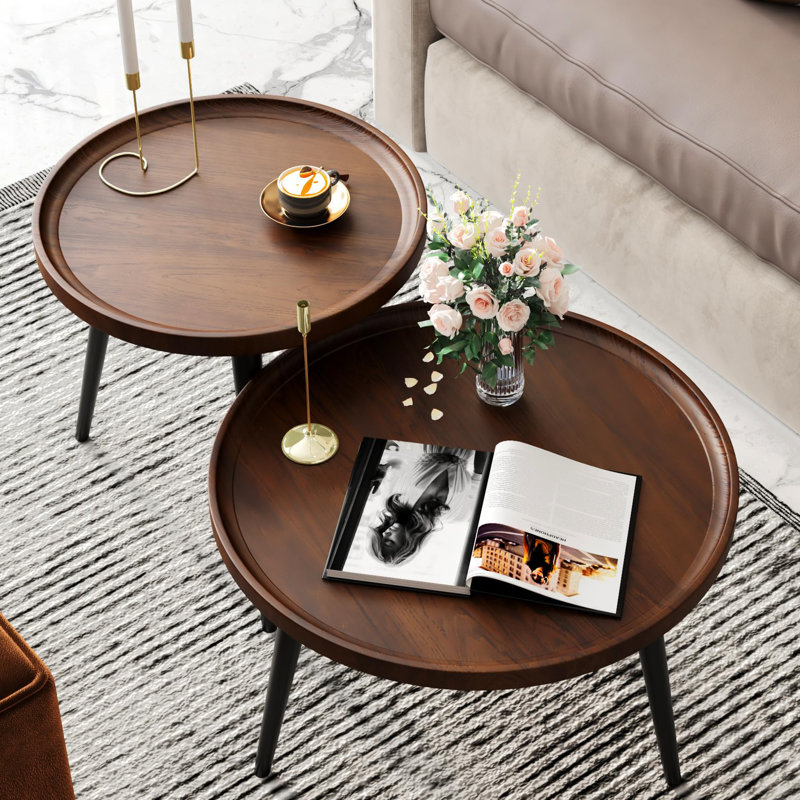 2-Piece Modern Round Coffee Table Set For Living Room,Easy Assembly Nesting Coffee Tables,Walnut Colour Circle End Side Tables For Bedroom Office Balcony Yard