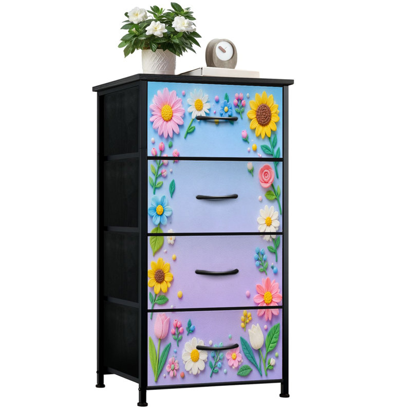 Commode de rangement verticale 4 tiroirs avec bordure florale et fleurs en argile colorées