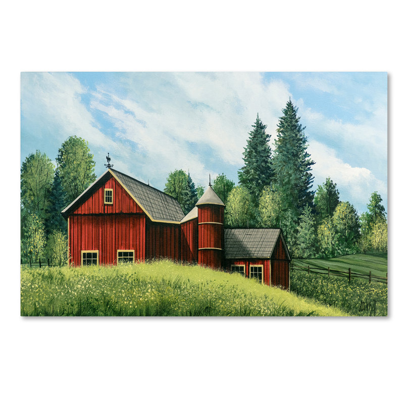Red Barn Summer Landscape Canvas Art in Modern Frame