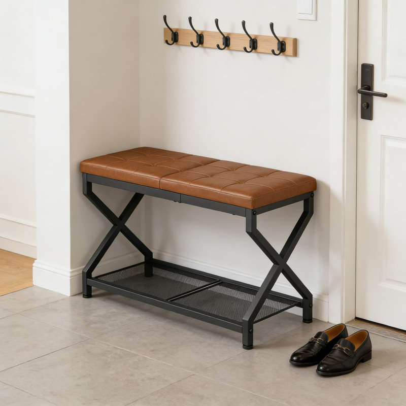 Banc à chaussures avec rangement, banc d'entrée à 2 niveaux avec coussin rembourré et tablette en filet métallique, range-chaussures compact pour porte d'entrée ou couloir, supporte 300 lb