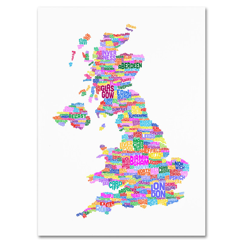 "uk villes text map map 3" par michael tompsett, art textuel sur toile tendue encadrée, H 24 po x l 16 po x P 2 po
