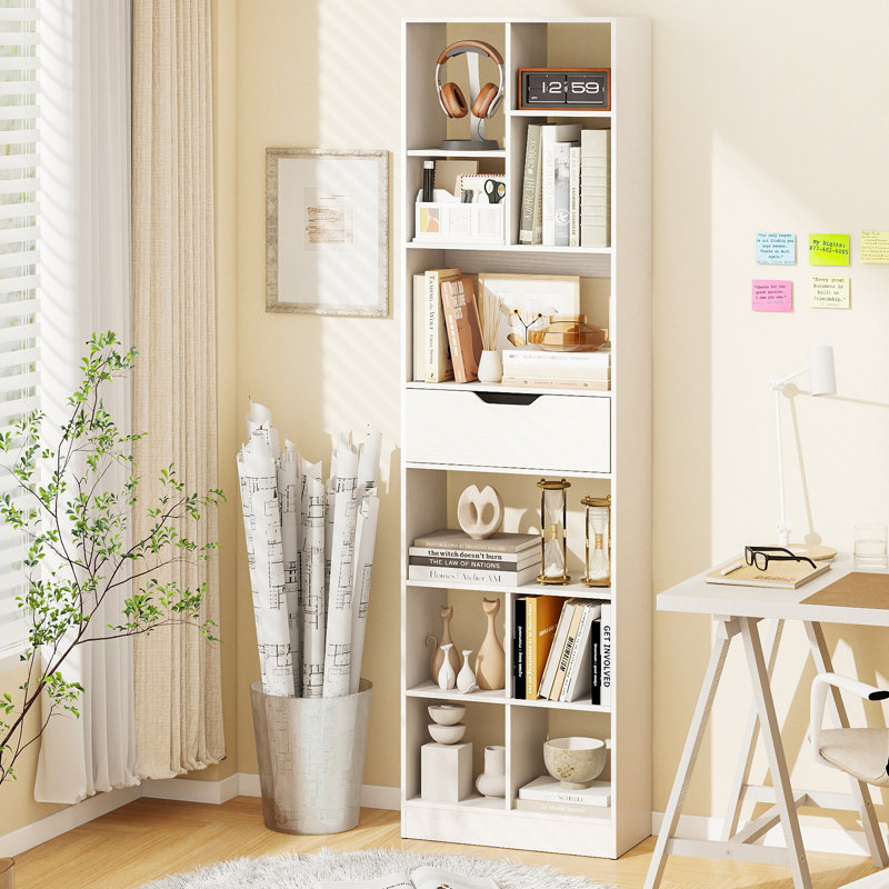 Bibliothèque avec tiroir, bibliothèque ouverte multifonctionnelle, rangement, Blanc