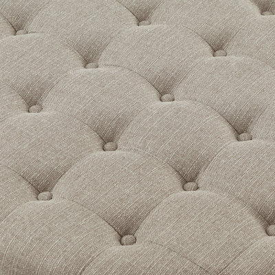 Large Round Upholstered Tufted Linen Ottoman Coffee Table, Large Footrest Ottoman with Wood Shelf Storage