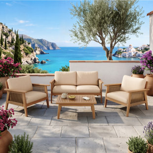4-Piece Solid Wood Outdoor Conversation Set with 2 Rope Design Armchairs, 1 Loveseat and 1 Table
