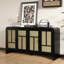 Buffet en rotin avec rangement, grande armoire de rangement Boho de 59 po avec 4 portes et tablettes réglables, console en bois noir pour la cuisine, le vestibule, la salle à manger et le salon