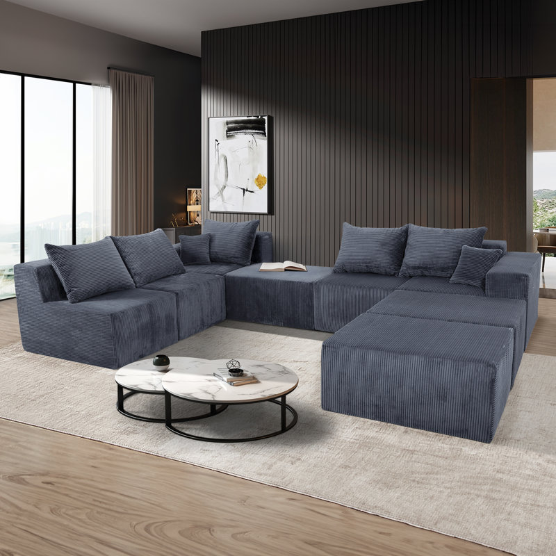 Canapé modulaire en velours côtelé Clementino, Velours côtelé gris