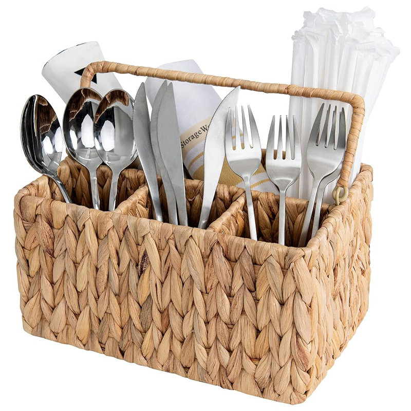 Hand-Woven Wicker Cutlery Holder with Handle, Flatware Basket Organizer