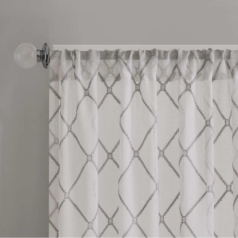 Gray Sheer Embroidered Diamond Rod Pocket Curtain Panel