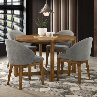 Ensemble de salle à manger 5 pièces rond avec table de finition en noyer de 47 pouces et 4 chaises en tissu gris clair, ensemble de table de salle à manger de style Mid-Century moderne ou 4