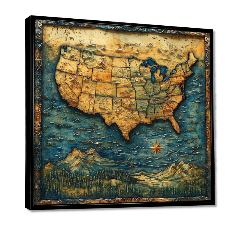 Anab Vintage 19 Centruy Us Map I - carte des États-Unis, art mural sur toile, Impression encadrée flottante, Noir