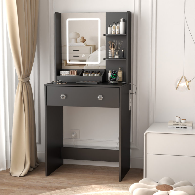 Vanity Desk with Mirror and Lights, Makeup Vanity with Drawers, Black