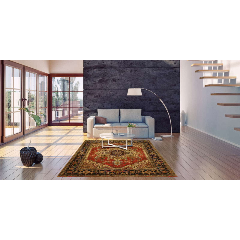 Tapis oriental en laine rouge noué à la main, Rectangle 8 pi 9 po x 11 pi 9 po