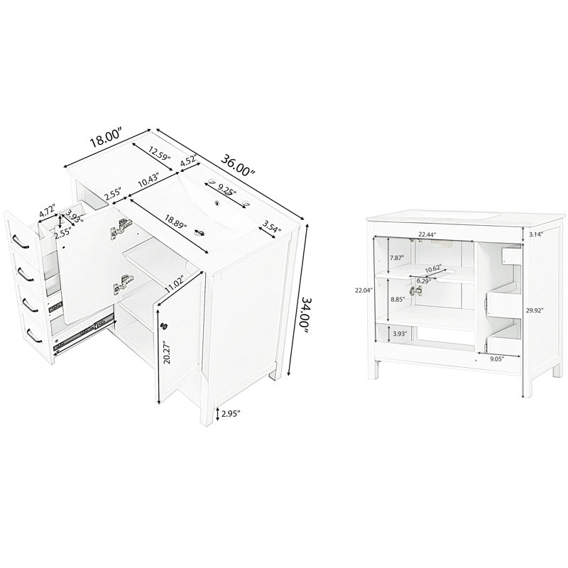 Meuble-lavabo simple 36 po avec comptoir en céramique, assemblage requis, Blanc