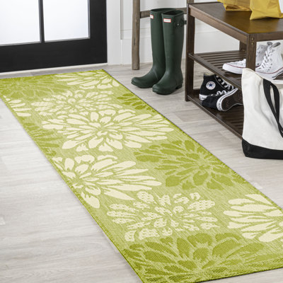 Zinnia Modern Floral Textured Weave Green/Cream Indoor/Outdoor Rug