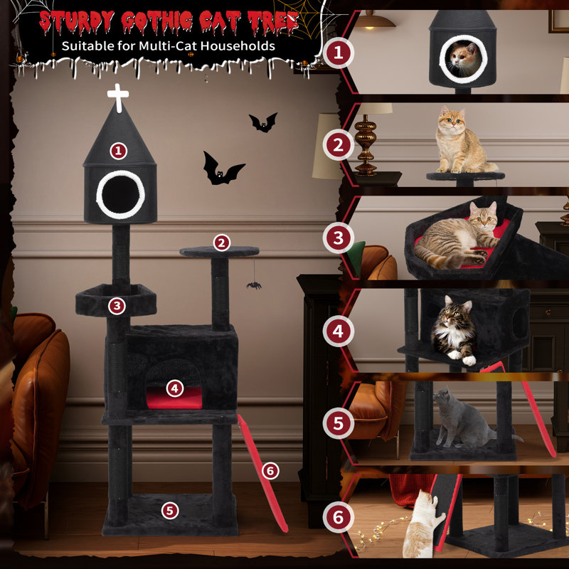 64-Inch Gothic Black and Red Cat Tree Tower with Sisal Scratching Post